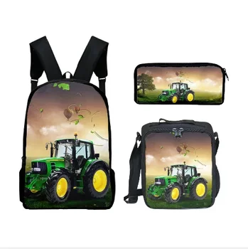 3 шт./компл. 3D Принт Фермерский Модный рюкзак с рисунком трактора для учащихся начальной средней школы Для мальчиков и девочек, школьный ранец, сумка для ланча, пенал для ручек