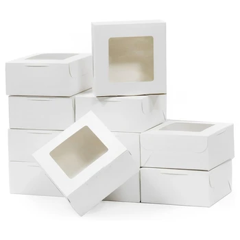 30 штук Белых коробок для выпечки размером 6X6X3 дюйма С окошком, Маленьких коробочек для выпечки, коробок для печенья, коробок для десертов, коробок для тортов 0