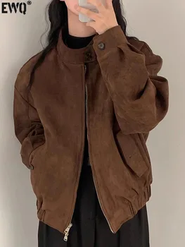[EWQ] Женские пальто В Корейском стиле, Винтажные, красивые, со стоячим вырезом, Двойная молния, Свободная короткая куртка с длинным рукавом, осень 2024, 23A4849 0