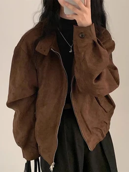 [EWQ] Женские пальто В Корейском стиле, Винтажные, красивые, со стоячим вырезом, Двойная молния, Свободная короткая куртка с длинным рукавом, осень 2024, 23A4849 1