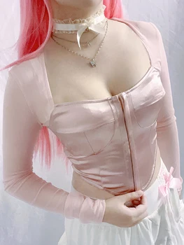 IAMHOTTY Корсет с пряжкой, Укороченный топ в стиле Пэчворк, Розовая Кокетка, Эстетичная Сетчатая футболка с длинным рукавом, Сексуальная обтягивающая Тонкая Милая одежда 2