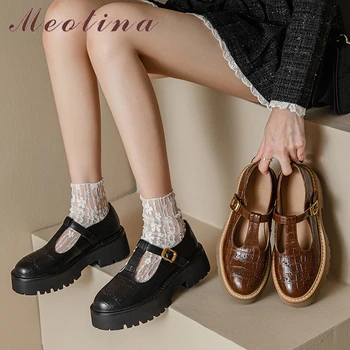 Meotina, женская модная обувь из натуральной кожи, туфли-лодочки с круглым носком на платформе и толстом среднем каблуке, Элегантные женские весенне-коричневые 40