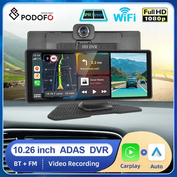 Podofo 10,26-дюймовый автомобильный видеорегистратор ADAS Dash Cam Фронтальная и задняя камеры Беспроводной Carplay Android auto BT FM AUX Регистратор приборной панели