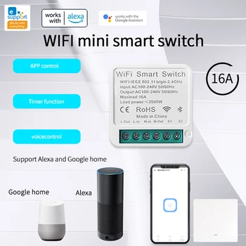 Wifi MINI Smart Switch16A, совместимый с 2-полосными переключателями Модуль дистанционного голосового управления с приложением Alexa Home