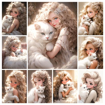 Белая кошка и Большеглазая Девочка Принцесса Алмазная живопись Новая 5D Алмазная вышивка своими руками, Вырезанная из мозаики для домашних животных, Картина из горного хрусталя A540