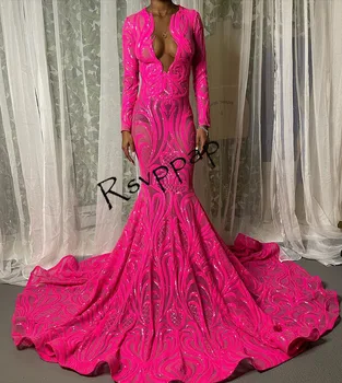 Блестящие платья для выпускного вечера в Африканском стиле для черных девушек с длинными рукавами и блестками 2023, Блестящие Ярко-Розовые Вечерние платья Русалки, Длинные Вечерние платья