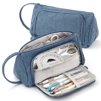 Вельветовый портативный пенал, многофункциональная сумка для канцелярских принадлежностей, однотонный студенческий милый пенал, сумочка для девочек, синий