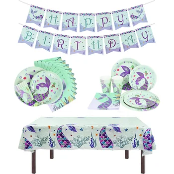 Вечеринка в стиле русалки, одноразовая посуда, тарелки, чашки, салфетка в морской тематике, принадлежности для вечеринки по случаю дня рождения, украшение обеденного стола 0