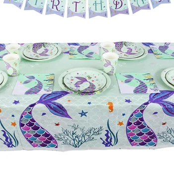 Вечеринка в стиле русалки, одноразовая посуда, тарелки, чашки, салфетка в морской тематике, принадлежности для вечеринки по случаю дня рождения, украшение обеденного стола 2