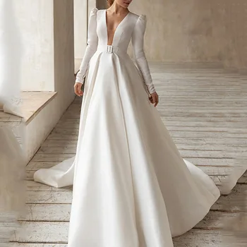 Вечернее платье для женщин, белое элегантное, с глубоким V-образным вырезом, с длинным рукавом, со шлейфом, плиссированное, формальное, длиной до пола, Летние платья для выпускного вечера 2023 0