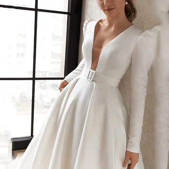 Вечернее платье для женщин, белое элегантное, с глубоким V-образным вырезом, с длинным рукавом, со шлейфом, плиссированное, формальное, длиной до пола, Летние платья для выпускного вечера 2023 2