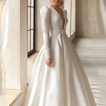Вечернее платье для женщин, белое элегантное, с глубоким V-образным вырезом, с длинным рукавом, со шлейфом, плиссированное, формальное, длиной до пола, Летние платья для выпускного вечера 2023 3