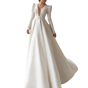 Вечернее платье для женщин, белое элегантное, с глубоким V-образным вырезом, с длинным рукавом, со шлейфом, плиссированное, формальное, длиной до пола, Летние платья для выпускного вечера 2023 4