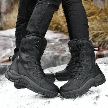 Водонепроницаемые кожаные мужские ботинки, уличные нескользящие рабочие ботинки, армейские ботинки для пустыни, мотоциклетные ботинки, зимние теплые плюшевые меховые зимние ботинки