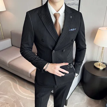 Высококачественный костюм в полоску (Блейзер + Жилет + брюки) Модный двубортный свадебный мужской деловой костюм-тройка для жениха
