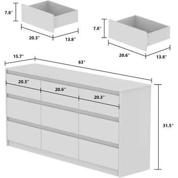 Двойной комод Homsee с 9 выдвижными ящиками, Современный деревянный комод с большим пространством для хранения (63 ”Д X 15,7 ”Ш X 31,5”В) 2