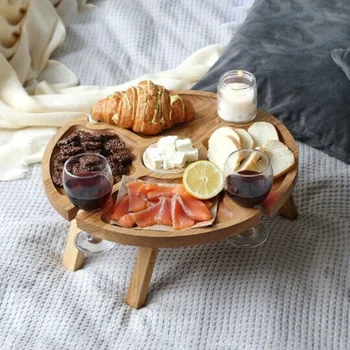 Деревянный уличный складной столик для пикника с держателем для бокалов Переносная подставка для бокалов 2 в 1, отделение для сыра и фруктов