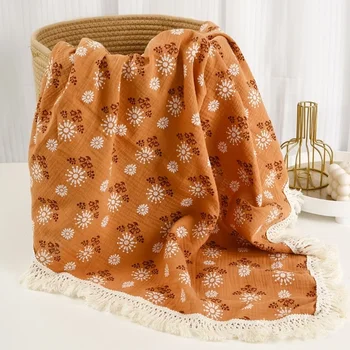 Дышащее муслиновое одеяло для детской коляски, Хлопчатобумажная ткань для обертывания ребенка, дышащее приемное одеяло с кисточками для младенцев 2
