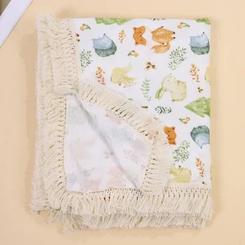 Дышащее муслиновое одеяло для детской коляски, Хлопчатобумажная ткань для обертывания ребенка, дышащее приемное одеяло с кисточками для младенцев 3