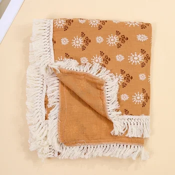Дышащее муслиновое одеяло для детской коляски, Хлопчатобумажная ткань для обертывания ребенка, дышащее приемное одеяло с кисточками для младенцев 4