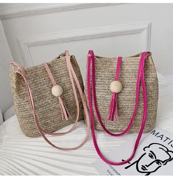 Женская соломенная сумка ISKYBOB, пляжная сумка из богемного ротанга, брендовая дизайнерская сумка через плечо с кисточками, летняя пляжная сумка