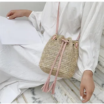 Женская соломенная сумка на шнурке, Летние тканые сумки через плечо, кошелек для покупок, Пляжная сумочка, соломенные сумки, дорожная сумка 0