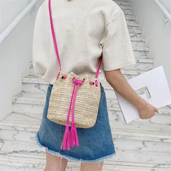 Женская соломенная сумка на шнурке, Летние тканые сумки через плечо, кошелек для покупок, Пляжная сумочка, соломенные сумки, дорожная сумка 1