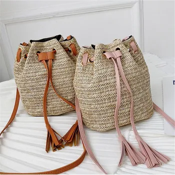 Женская соломенная сумка на шнурке, Летние тканые сумки через плечо, кошелек для покупок, Пляжная сумочка, соломенные сумки, дорожная сумка 3