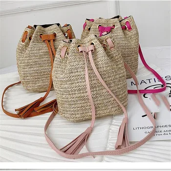 Женская соломенная сумка на шнурке, Летние тканые сумки через плечо, кошелек для покупок, Пляжная сумочка, соломенные сумки, дорожная сумка 4