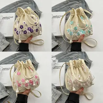 Женские сумки на одно плечо, повседневная большая вместительная сумка-ведро с вышитыми цветами, сумка через плечо 0