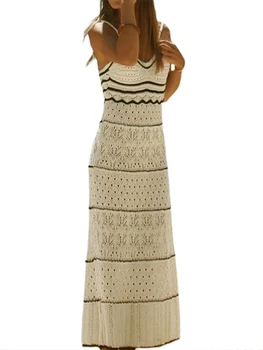Женское трикотажное облегающее платье без рукавов на бретельках контрастных цветов - повседневная уличная одежда с открытой спиной и 3