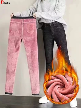 Зимние Узкие джинсы-карандаш оверсайз 80 кг, вельветовые джинсовые брюки, однотонные, с высокой талией, Толстые, повседневные Теплые брюки Vaqueros 0