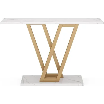 Консольный столик Прихожий Столик для Прихожей 43-Дюймовый Диван-столик Для Прихожей Столы для Гостиной Белого и Золотого Цвета Сбоку Кофейный Чайный Столик 2