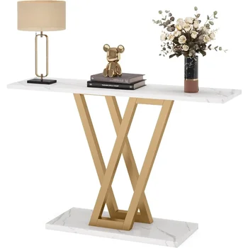 Консольный столик Прихожий Столик для Прихожей 43-Дюймовый Диван-столик Для Прихожей Столы для Гостиной Белого и Золотого Цвета Сбоку Кофейный Чайный Столик 5