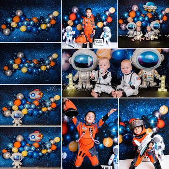 Космическое приключение с воздушными шарами Фон для фотосъемки Декор вечеринки астронавта Фон для разбивания торта для мальчика Реквизит для детской фотостудии