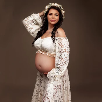 Кружевное платье для беременных в стиле Бохо, Богемная Фотосессия, платье для беременных, Детское кружевное платье с оборками и разрезом 1