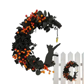 Лунный Венок Черная кошка Венки из Лунных роз Готическая Гирлянда для входной двери Праздничный реквизит на Хэллоуин Внутренний и наружный декор 0