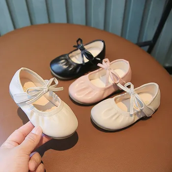 Милые мягкие туфли на плоской подошве для девочек с бантиком, Универсальные, однотонные, черные, для детского сада, Удобные, простые, Японская принцесса, Весенняя новинка 2023 года, Детская обувь