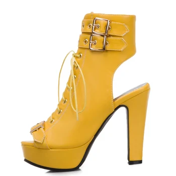 Модные ботильоны с открытым носком, женская обувь, пикантные летние ботинки на платформе и высоком каблуке, женская обувь с пряжкой Желтого, белого, синего цвета, женская обувь
