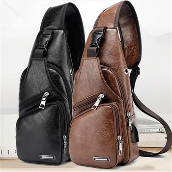Мужская нагрудная сумка с USB, Дизайнерская мужская сумка-мессенджер через плечо, сумки через плечо из искусственной кожи, Диагональная сумка, дорожная нагрудная сумка 0