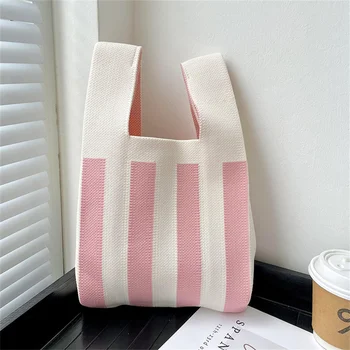 Нишевый дизайн 20 *35 см, вязаная сумочка в горошек и полоску, модная универсальная сумка-тоут в корейском стиле, дорожная косметичка 2