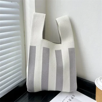Нишевый дизайн 20 *35 см, вязаная сумочка в горошек и полоску, модная универсальная сумка-тоут в корейском стиле, дорожная косметичка 5