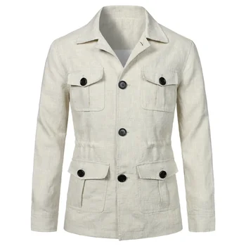 Новая весенняя мужская рабочая куртка с несколькими карманами 2023 Года, Льняное однотонное пальто Curious в британском винтажном стиле