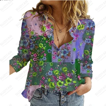 Новая женская рубашка с длинными рукавами в цветочек, шифоновая рубашка свободного и повседневного стиля, дышащий и удобный топ с цветочным рисунком 3