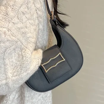 Новая модная однотонная сумка в стиле ретро, популярная женская сумка-багет, Женская нишевая дизайнерская сумочка на одно плечо 3