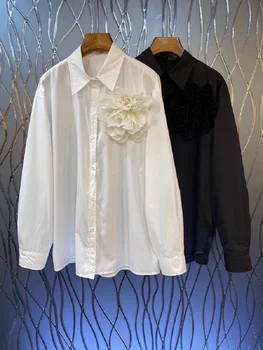 Новые Корейские Хлопчатобумажные рубашки Fashon 2024, Весенние Белые и черные Рубашки, Высококачественные Женские Повседневные Свободные рубашки в цветочном стиле с длинным рукавом 0