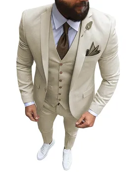 Новый мужской костюм цвета Хаки из 3 предметов, Официальный Деловой Смокинг С вырезами на лацканах, Приталенный Блейзер Для Шафера На свадьбу (Блейзер + Жилет + брюки)