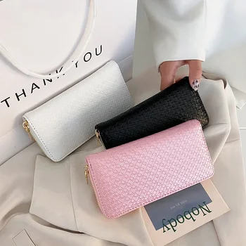 Новый тренд, женская сумочка с длинным углублением, плетеный клатч с зажимом для нескольких карт, женский кошелек для монет