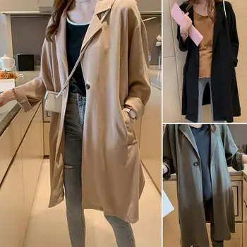 Однобортное длинное пальто в стиле ретро, пальто средней длины для женщин, однобортное с отворотом, длинный рукав, для весенних женщин 4