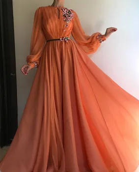Оранжевые мусульманские вечерние платья С длинными рукавами, трапециевидный Шифоновый халат с цветами, Вечернее платье для выпускного вечера в Дубае
